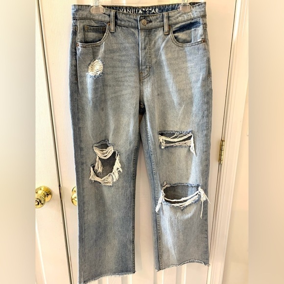 Juniors Vanilla Star Baggy Jeans Sz 7 Light Wash Distressed Button Fly - Picture 1 of 9